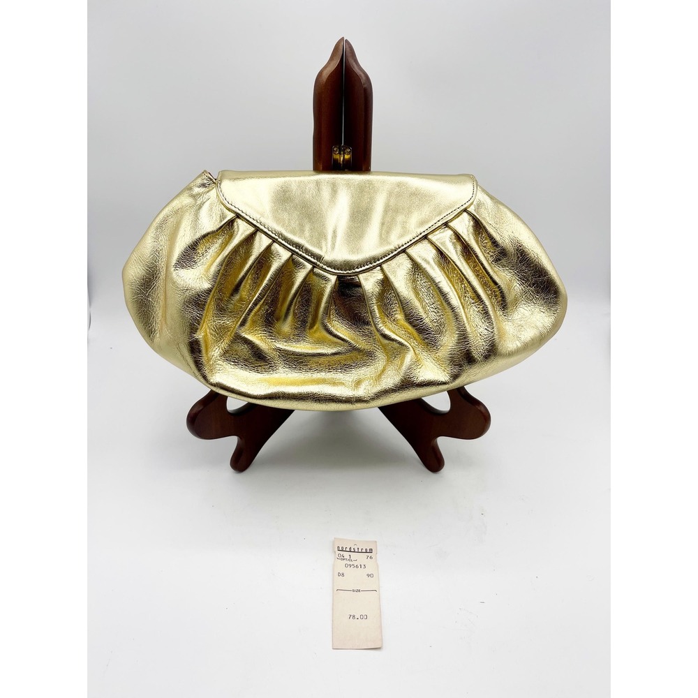 Vtg Gold Leather Dumpling Bag chain strap clutch Nordstrom 80's Hollywood glam - Picture 3 of 4